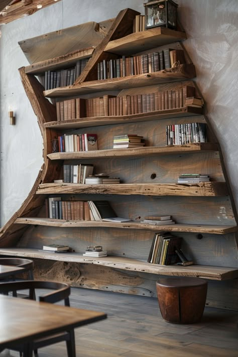 Wabi Sabi Library, Wabi Sabi Bookshelf, Cabin Must Haves, Witches Cabin, Wabi Sabi Furniture, Unfinished Basement Ceiling, Hidden Doors In Walls, Wabi Sabi Home Decor, Japandi Furniture