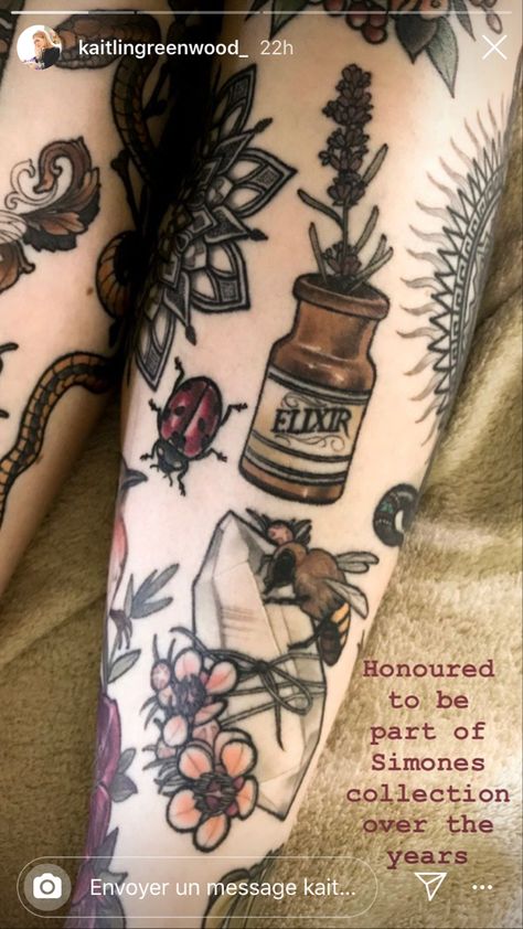 Apothecary Tattoo Sleeve, Goblincore Tattoo Ideas, Earthworm Tattoo, Herbalist Tattoo, Apothecary Tattoo, Hermit Tattoo, Terrarium Tattoo, Shelf Tattoo, Perfume Bottle Tattoo