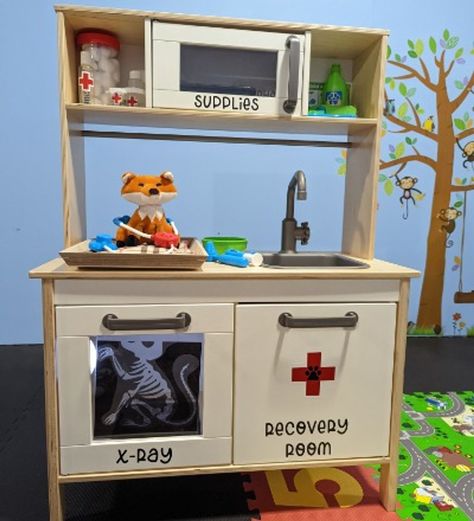 Classroom Vet Clinic, Ikea Kitchen Dramatic Play, Ikea Play Kitchen Ideas, Vet Play Center For Kids, Doctor Play Area For Kids, Preschool Vet Clinic Dramatic Play, Kitchen Dramatic Play Preschool, Dramatic Play Vet Clinic, Kids Vet Clinic