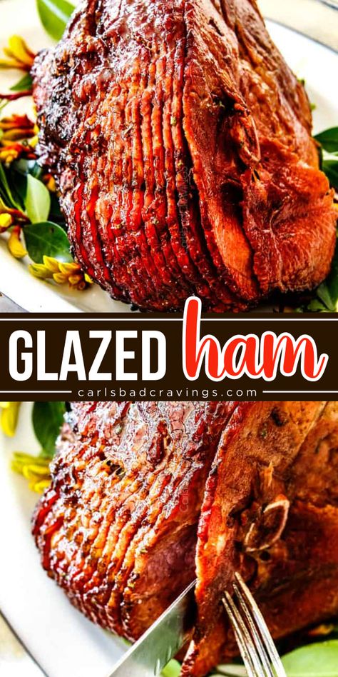 One of the best Christmas main dishes ever! Your Thanksgiving dinner menu must also have this easy glazed ham. Not only is this baked ham recipe tender and juicy, but it also has a crispy-sweet exterior and a beautiful brown sugar glaze! Brown Sugar Spiral Ham In Oven, Fully Cooked Spiral Ham In Oven, Cooking A Ham In The Oven Brown Sugar, Baking Ham In Oven, Bake Ham Recipes Oven, Boneless Ham Recipe Ovens, How To Cook A Ham In The Oven, Precooked Ham In Oven, Bone In Ham Recipes Ovens