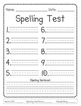 This generic spelling test template is perfect for elementary teachers who test their students over 10 words per week. There's also a spot for a sight word/spelling sentence.Grade box is on the bottom with blanks for "spelling words", "sentence" and "handwriting" grades. Spelling Test Paper, Teaching Spelling Words, Spelling Test Template, 1st Grade Spelling, First Grade Curriculum, Sight Word Spelling, Spelling And Handwriting, Teaching Spelling, Spelling Test