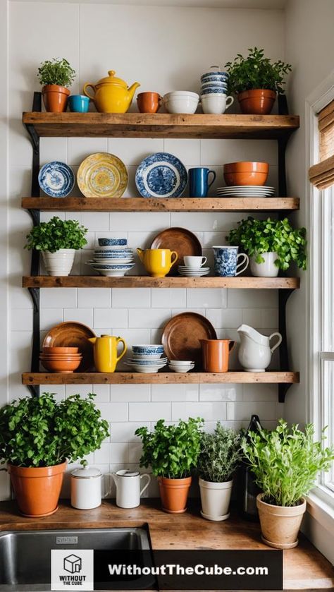 Transform your kitchen into a stylish and functional space with repurposed shelving ideas. By incorporating eclectic open shelving or repainted wood planks, you can create aesthetic displays for spices, cookbooks, and cherished dishware. These personalized touches enhance both practicality and ambiance, setting the stage for memorable culinary experiences. Explore the possibilities further. #HomeDecor #KitchenDesign #RepurposeKitchen #VintageStyle #MinimalistAesthetic #DIYHome Open Shelves With Dishes, Open Wooden Shelves Kitchen, Kitchen Open Shelving Ideas, Open Shelves Kitchen, Kitchen Eclectic, Kitchen Island Styling, Kitchen Styling Ideas, Wooden Shelves Kitchen, Create Aesthetic