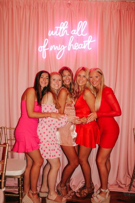 Heart Sorority Theme, Alpha Phi Red Dress Gala Decorations, Sorority Valentines Day Social, Valentines Date Party Sorority Outfits, Valentines Date Party Sorority, Love Bid Day Theme, Valentines Sorority, Red Dress Gala Alpha Phi, Alpha Phi Philanthropy