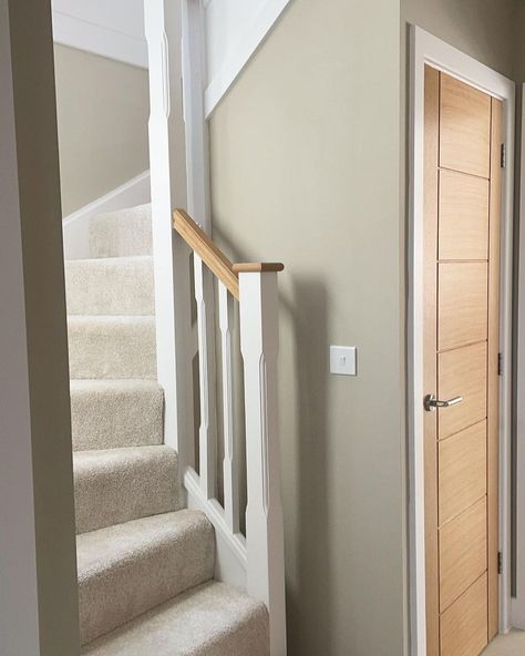 Stairs And Landing Colour Schemes, Colours For Hallways Paint Colors, Sage Green Staircase, Newbuild Hallway Ideas, Stair Hallway Paint Colors, Two Tone Hallway Ideas, Pale Green Hallway Ideas, Hall Stairs And Landing Decor Wallpaper, Hall Stairs And Landing Decor Sage Green