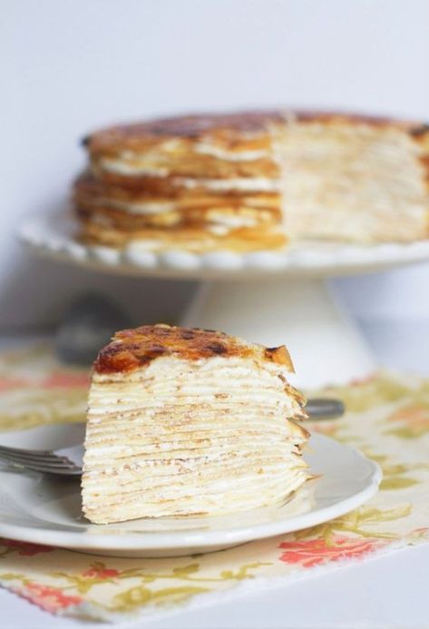 Creme Bruleé Crepe Cake Crepe Cake Filling Cream Recipes, Creme Brulee Crepe Cake, Birthday Crepe Cake, Lady M Cake, Creme Brulee Crepe, Crepe Cake Aesthetic, Lady M Crepe Cake, Prettiest Cakes, Crepes Cake