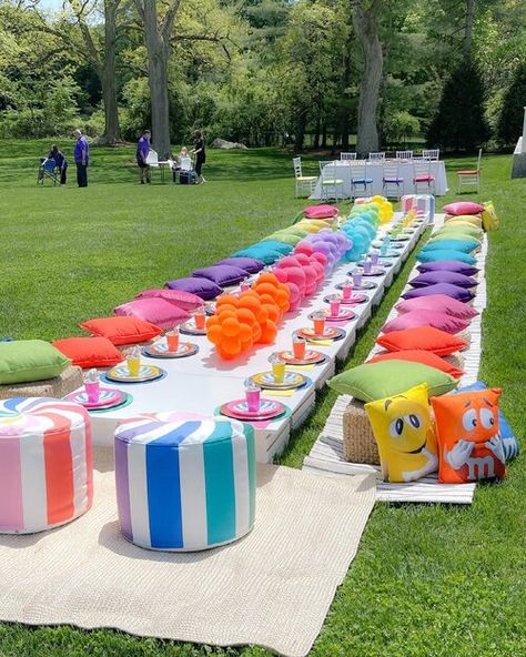 Kids Floor Table Party, Outdoor Party Setup Ideas, Picnic Birthday Party Ideas For Kids, Rainbow Picnic Party, Yard Party Ideas, Outdoor Birthday Party Ideas For Kids, Kids Picnic Party, Indoor Picnic Ideas, Indoor Picnic Party