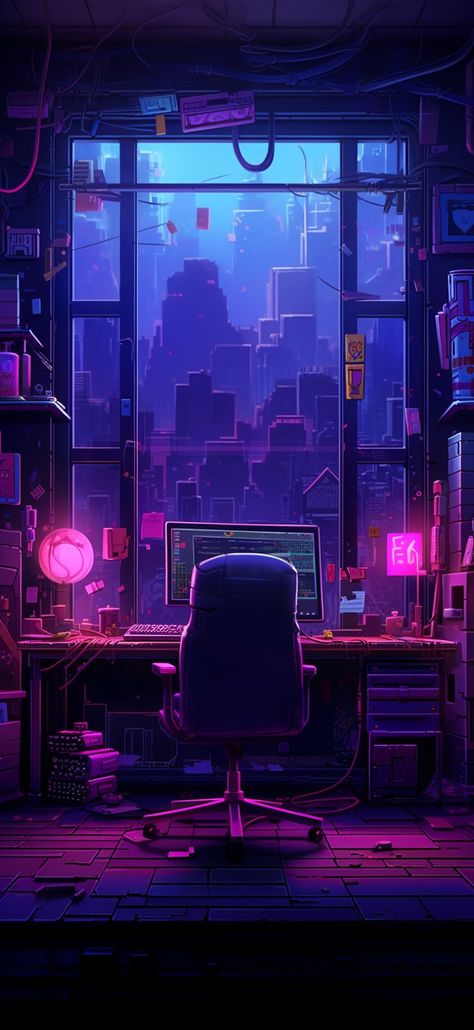 Purple Aesthetic Cyberpunk, Cosmic Room Ideas, Purple And Magenta Aesthetic, Lo Fi Art Illustrations, 8 Bit Cyberpunk, Purple Cyberpunk Wallpaper, Dark Lofi Aesthetic, Aesthetic Purple Room, Cyberpunk Color Palette