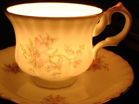 15 Pretty Ideas For How To Upcycle Tea Cups - A Cultivated Nest Teacup Lamp Diy, Teacup Diy Ideas, Tea Cup Night Light, Uses For Old Tea Cups, Uses For Tea Cups And Saucers, Tea Cup Candles Diy How To Make, Vintage Tea Cups Ideas, Repurposed Tea Cups And Saucers, Things To Do With Tea Cups