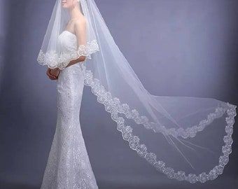 Unique Wedding Veils, Lace Edge Veil, Ivory Bridal Veil, Ivory Wedding Veils, Lace Veils Bridal, Long Veil Wedding, Cathedral Wedding Veils, Bride Veil, Wedding Bridal Veils