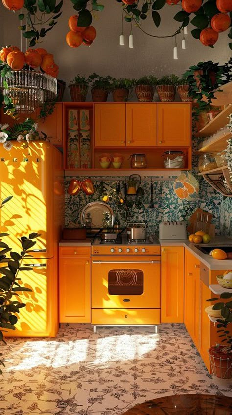 May Midjourney Dump — Living Bright Interiors Orange House Interior, Vibrant Home Decor, Bright Colored Living Room, Colourful Houses Interior, 60s House Decor, Colorful Houses Interior, Maximalism Kitchen, Warmth Aesthetic, Bright Cottagecore