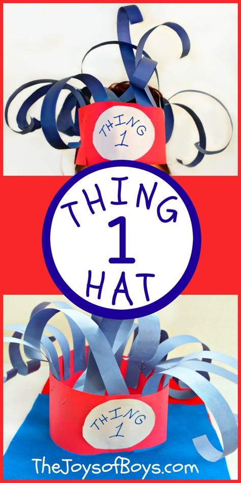 We love reading week but not so much dress up days.  This Thing 1 Hat was an easy Dr Seuss Dress-up Idea! #drseusscrafts #dressupideas #crafts #creativecrafts #funcrafts #kidcrafts #uniquecrafts #thejoysofboys Book Character Costume, Dr. Seuss Crafts, Dr Seuss Preschool Activities, Dr Seuss Preschool, Dress Up Days, Dr Seuss Hat, Reading Week, Dr Seuss Classroom, Dr Seuss Activities