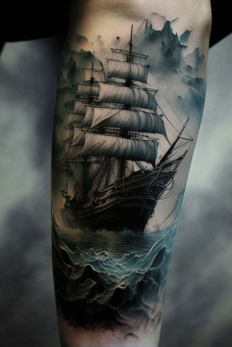 ship tattoos Sailing Ship Tattoo Design, Tattoo Ship Pirate, Greek Ship Tattoo, Ship And Anchor Tattoo, Water Tattoo Men, Ship Tattoo Ideas, Ship Tattoo Design, Shipwreck Tattoo, Sunken Ship Tattoo