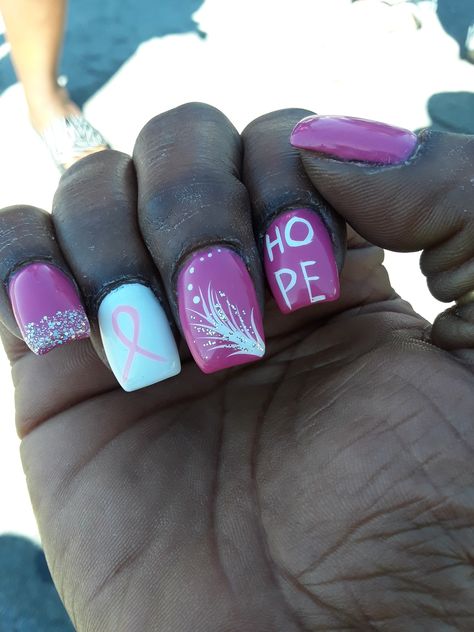 Nails For Cancers, Nail Designs For Cancers, Pink Breast Awareness Nails Design, Teal Awareness Ribbon Nails, October Breast Awareness Month Nails, Awareness Nails Ribbons, Pink Ribbon Nails, Purple Toe Nails, Purple Toes