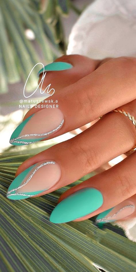 Cruise Nail Ideas Almond, Nails Turquesa, Turquoise Nail Designs, Tiffany Blue Nails, Teal Nail Designs, Summer Nails Almond, Teal Nails, Turquoise Nails, Elegant Nails