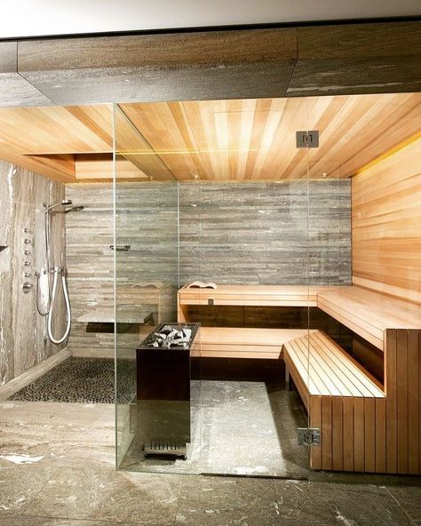 Shower next to a sauna. Design Studio D2 #bathrooms. A Designers Mind on Instagram: “Feel the heat! Do you use a steam shower or sauna? I know they have great health benefits but would you have one in your home? ▪️ ▪️▪️…” Sauna Bathroom Design, Sauna Shower, Home Spa Room, Sauna Steam Room, Sauna Design, Steam Sauna, Casa Country, Sauna Room, Shower Bench