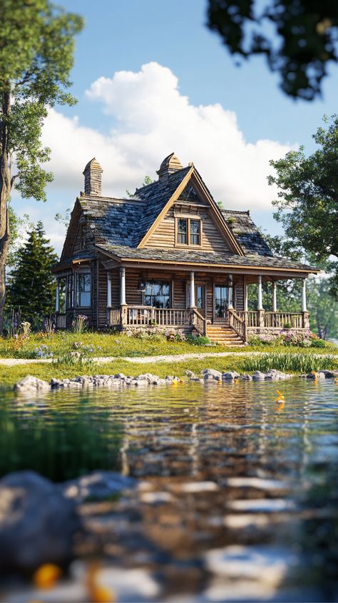 Name: Riverside Cottage with Porch Wrapping Around Cottage With Porch, Riverside Cottage, Cozy Nooks, River Cottage, Cozy Nook, Minecraft, Porch, Cottage, Building