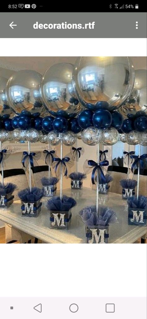 Navy Silver White Party Decorations, Denim And White Birthday Theme, Blue And White Birthday Centerpieces, Navy Blue And Black Birthday Party Decorations, Navy Blue Silver Party Decorations, Navy Blue Silver And White Party Decor, Silver And Blue Anniversary Decorations, Blue Birthday Centerpieces, Blue And Grey Birthday Party Decorations