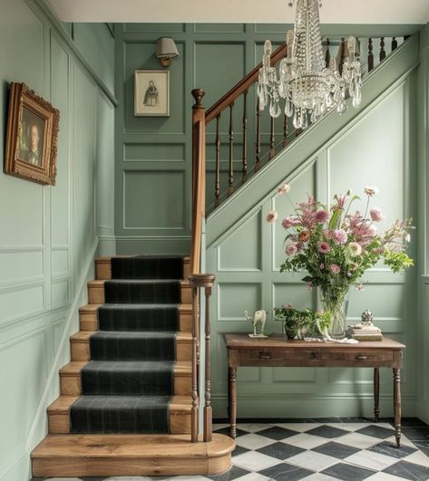 Green Stair Risers, Entrance Hall With Stairs, Creative Hallway Ideas, Hallway Renovation Ideas, Art Deco Hallway Ideas, Painted Hallway Ideas, Hallways Ideas Entrance, Entryway Ideas With Stairs Entry Foyer, Staircase Entryway Ideas