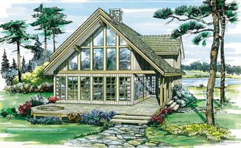 Plan #47-367 - Houseplans.com Vacation House Plans, Contemporary Modern House, A Frame House Plans, Cabin House, Cabin House Plans, Lake House Plans, Contemporary Style Homes, Cottage Plan, A Frame Cabin