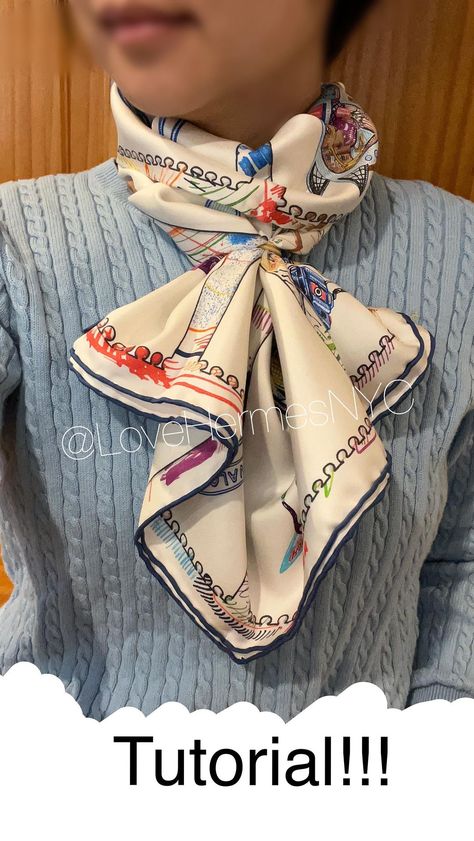 lovehermesnyc | My 500th post! 🥳 hope you like this tutorial. Start by folding the 90cm in half. Have fun! (Learned it from 丽丽爱丝巾in… | Instagram Square Scarf How To Wear A, How To Fold Scarf, Scarf Tying Tutorial, Square Scarf Tying, Fancy Scarf, Scarf Wearing Styles, Silk Scarf Tying, Ways To Tie Scarves, Tie A Scarf