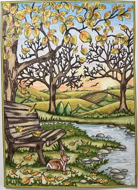 Artist: Teresa Goodridge Colorist: Debbie Behner Colourful Tree Drawing, Autumn Season Drawing, Bench Under Tree, Collection Journal, Teresa Goodridge, Creative Haven Coloring Books, Tree Bench, Scene Drawing, Storybook Art