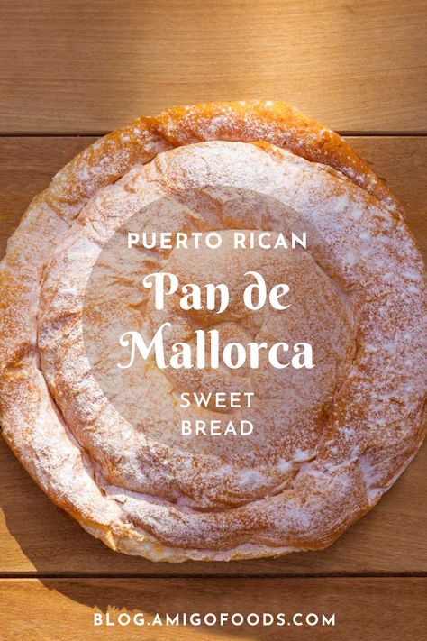 The shape of the coiled bread with powdered sugar on top may remind you of brioche, but they’re not the same thing, although closely related. Pan de Mallorca is best eaten fresh to enjoy the toasty, sweet flavor while it’s straight out of the oven. Some people serve them with butter, while others fill them with baked ham. #puertoricanfood #puertorico #breakfast #dessert #amigofoods #pandemallorca Puerto Rican Bread Recipes, Mallorca Sweet Bread Recipe, Puerto Rican Bread, Latin Dishes, Puerto Rico Food, Boricua Recipes, Spanish Recipes, Puerto Rican Recipes, Baked Ham