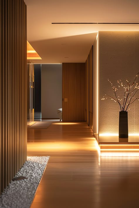 japandi vibe living room Cool Ambient Lighting, Living Room Evening Lighting, Soft Ambient Lighting, Modern Japandi Apartment, Ambient Bedroom Lighting, Japandi Home Design, Japandi Entrance, Japandi House Design, Warm Minimalism Interior