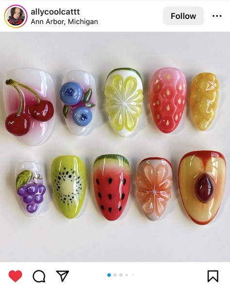 Fruit Sticker Nails, Square Fruit Nails, Fruit Nails Acrylic, Fruit Nail Designs, Fruit Nails, Fruit Nail, Food Nails, Fruit Nail Art, Summery Nails