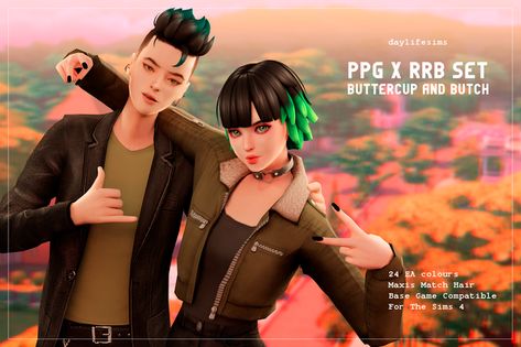 PPG X RRB Hairstyle Set - Buttercup and Butch | Daylife Sims on Patreon Buttercup And Butch, Daylife Sims, Butch Hair, Ppg X Rrb, Sims 4 Patreon, Rock Hairstyles, Hair Set, Sims Four, Sims Hair