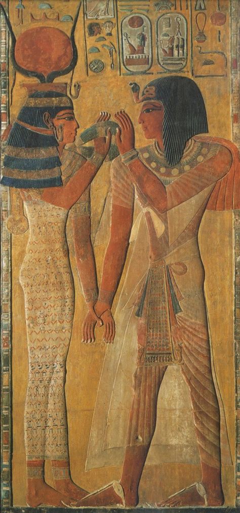 King Sety I, from his tomb in the Valley of the Kings (KV 17). New Kingdom, Dynasty 19. Ancient Egypt Women, Starověký Egypt, Egyptian Painting, Egyptian Artifacts, Ancient Egypt Art, Egypt History, Egyptian Culture, Egypt Art, Egyptian History