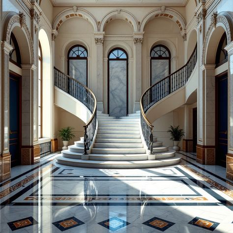 #Elegant Marble Grandeur: A grand marble staircase rises majestically between curved #balconies, while #geometric patterns dance across the polished floor below. #marble #staircase #symmetry #archways #aiart #aiphoto #stockcake ⬇️ Download and 📝 Prompt 👉 https://stockcake.com/i/elegant-marble-grandeur_1517098_1172095 Mansion Stairs, Polished Floor, Marble Staircase, Joy Art, Grand Staircase, Christmas Background, Geometric Patterns, Free Stock Photos, High Quality Images