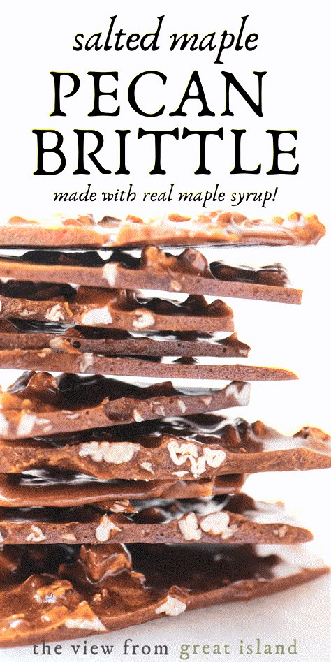 Salted Maple Pecan Brittle ~ this homemade brittle recipe is as easy as pie, made with pure maple syrup (no corn syrup!) toasted pecans, butter, and brown sugar. It’s all natural and fabulously light, crisp, and delicious. #easy #recipe #candy #homemade #maplesyrup #pecan #christmas #nut #maple Fall Brittle Recipes, Brittle Recipes Easy, Light Corn Syrup Recipes, Recipes With Corn Syrup, Maple Brittle, Corn Syrup Recipes, Nut Brittle Recipe, Maple Syrup Candy, Pecan Brittle