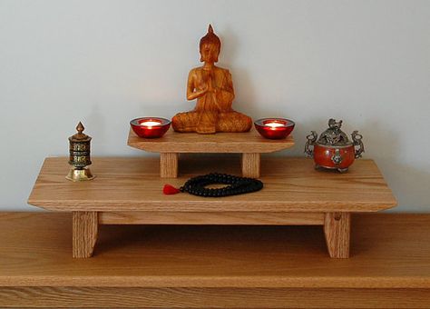 Solid oak table top meditation shrine with a by theyankeewoodsmith Meditation Shrine, Meditation Table Altars, Sala Yoga, Meditation Room Design, Puja Table, Meditation Table, Yoga Meditation Room, Solid Oak Table, Meditation Tips