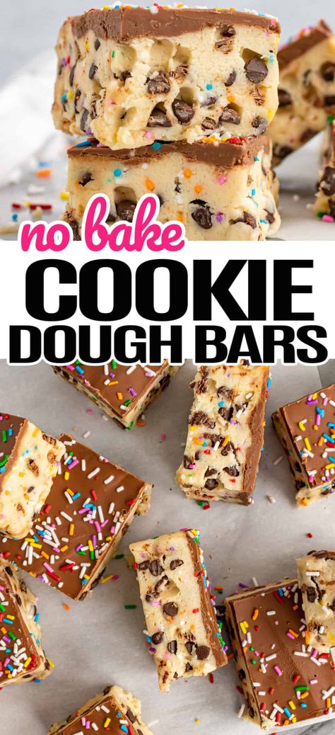 These super simple No Bake Cookie Dough Bars are the perfect make ahead dessert that any cookie dough lover will go crazy for! #RealHousemoms #nobake #cookiedough #cookiebars #dessert #chocolate #sprinkles Air Fryer Monkey Bread, No Bake Cookie Dough Bars, Cookie Dough Bark, Biscuit Monkey Bread, Biscuits Breakfast, Cookie Bars Easy, Easy No Bake Cookies, No Bake Cookie, Dessert Christmas