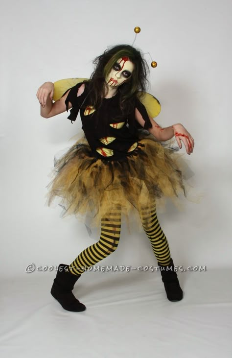 My daughter and her Zombee costume! My daughter hates to be "pretty" for Halloween, every year it's a Vampire, Witch or some form of the undead. We had rea Zombie Bee Costume, Boo Bees Costume, Killer Bee Costume, Bee Costume Diy, Queen Bee Costume, Costume Homemade, Vampire Witch, Homemade Costume, Bee Costume