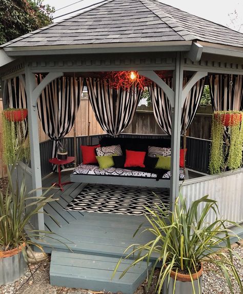 Gazebo Makeover Diy, Decorating A Gazebo Backyards, Painted Gazebo Ideas, Gazebo Paint Color Ideas, Enclosed Gazebo Ideas Backyard, Round Gazebo Ideas Backyard, Gazebo Remodel, Outside Gazebo Ideas, Gazebo Furniture Ideas