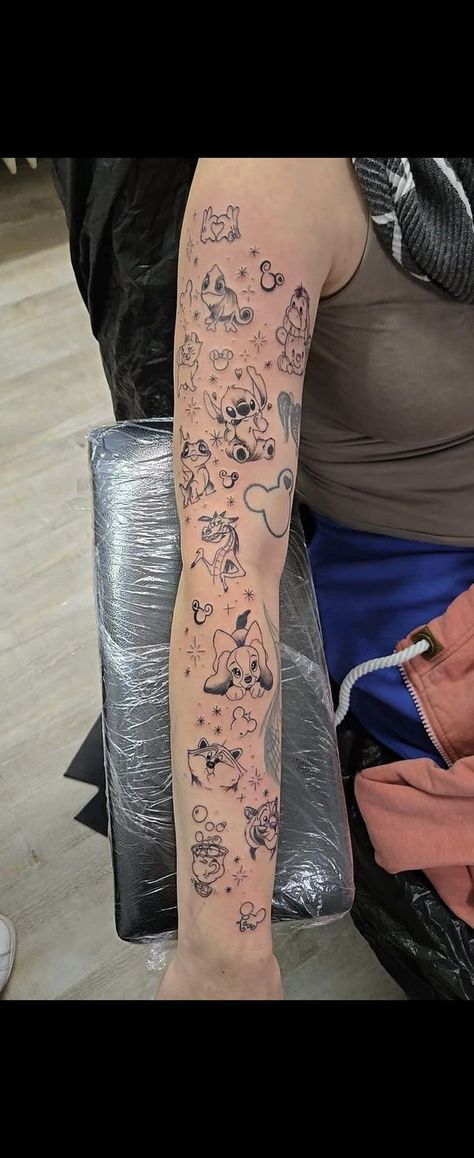 Disney Tattoos! | Facebook Disney Leg Sleeve Tattoo Women, 3 Good Fairies Sleeping Beauty Tattoo, Traditional Disney Tattoo Ideas, Disney Ballon Tattoos, Disney Characters Tattoos Sleeve, Disney Arm Sleeve, Disney Arm Tattoos For Women, Disney Thigh Tattoos Women, Disney Arm Tattoo