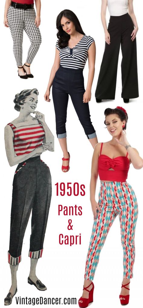 1950s pin up high waist pants and capri bottoms, 50s trousers 50s Outfits Pants Women, 1950s Pedal Pushers, 1950 Casual Outfits, Casual Pinup Outfit, 1950s Pinup Fashion, 50’s Outfits, 1950 Outfits, 1950s Pants, Mode Rockabilly