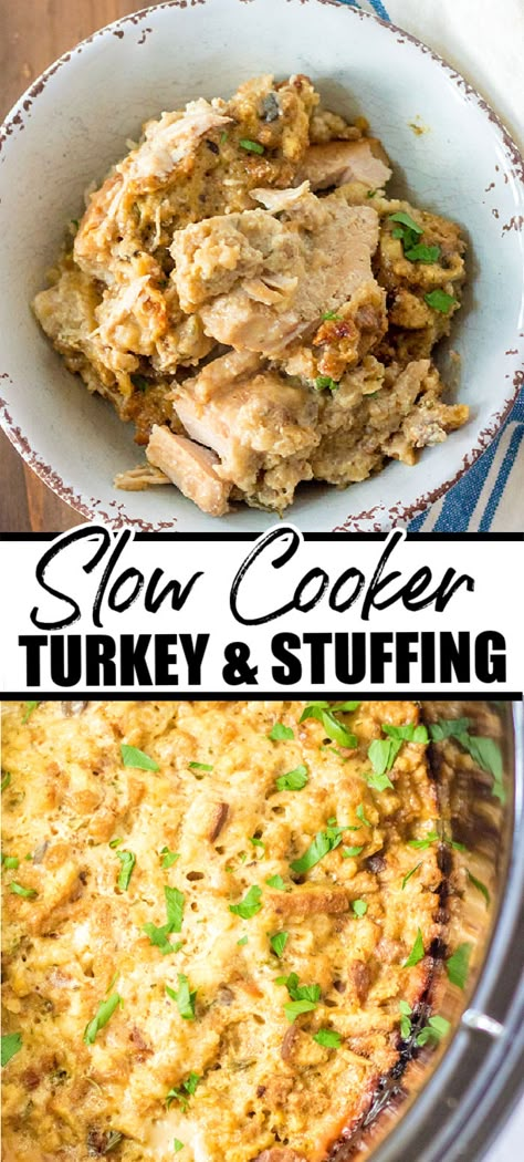 Tender, juicy turkey breast slow cooked with flavor-rich herb stuffing, creamy cream of chicken soup, tangy sour cream, and hearty chicken stock makes the perfect easy weeknight dinner that is both filling and comforting. | www.persnicketyplates.com Turkey Tenderloin And Stuffing Crockpot, Turkey And Stuffing Casserole Crockpot, Easy Turkey Crockpot Recipes, Crock Pot Turkey And Stuffing, Crock Pot Turkey Dressing, Slow Cooker Turkey Cutlets, Turkey And Dressing Crockpot Recipes, Crockpot Turkey Stuffing Recipes, Crockpot Turkey Stuffing