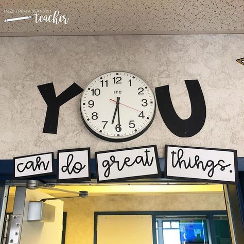 I don’t have a lot of space around the clock in my classroom, but I wanted to use it as a focal point. 🕰️️ I think I made it work. 😁 I also… Classroom Clock, Elementary Classroom Decor, 4th Grade Classroom, Hiasan Bilik, Middle School Classroom, New Classroom, Busy Teacher, Classroom Door, Classroom Setup