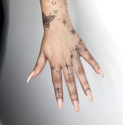 Sparkle Hand Tattoo Ideas, Sparkles Finger Tattoo, Sparkle Tattoos On Hand, Sparkly Hand Tattoo, Starry Hand Tattoo, Sparkles On Hand Tattoo, Mystical Hand Tattoo, Sparkles Hand Tattoo, Hand Tattoos Sparkles