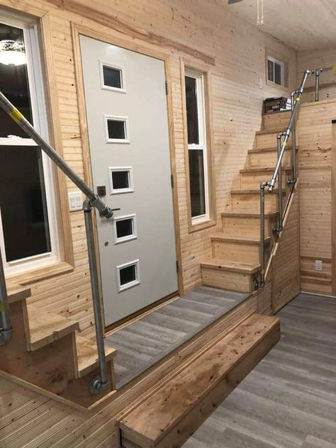 Retractable Stairs For Loft, Tiny House Stairs With Storage, Tiny Cabin Stairs, Tiny House Steps With Storage, Tiny House Stairs Diy Loft Ladders, Tiny Cabins Interiors, Tiny House Double Loft Stairs, School Bus Tiny House, Shed Tiny House