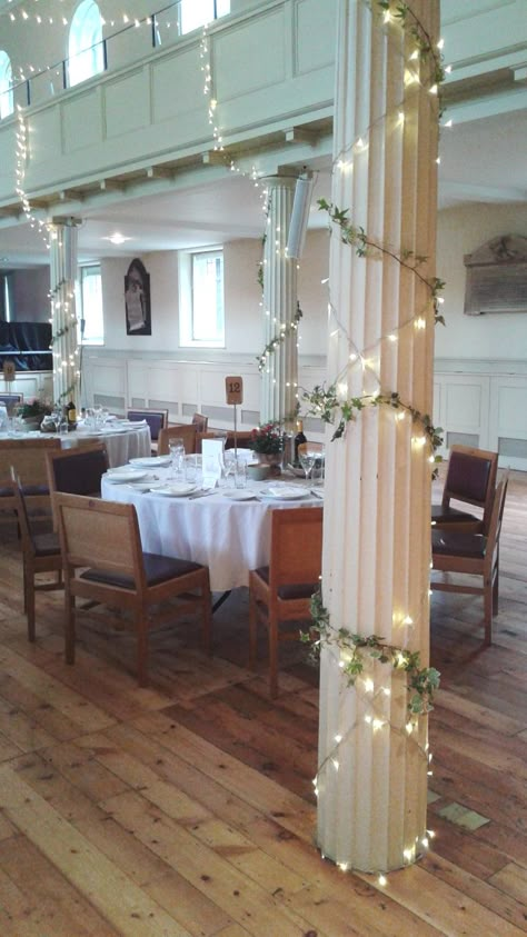 Subtle ivy decorations of the columns in the hall by http://www.ivoryflowers.co.uk/ Decorate Poles For Wedding, Pole Decorations Ideas Wedding, Column Decoration Ideas Wedding, Pole Decorations Ideas, Wedding Columns Decor, Pillar Decoration Ideas, Indoor Columns, Column Decoration Ideas, Pillar Decor