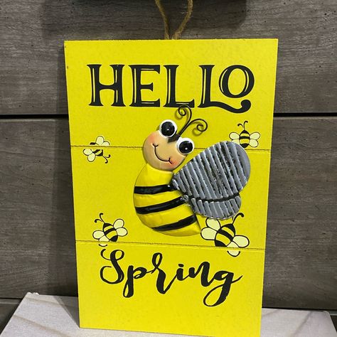 New Hangable Sign Pairs Well With Your Tiered Tray Decor Or Rae Dunn Decor Bee Signs Ideas Diy, Bee Door Hangers Wooden, Bee Hive Door Hanger, Bee Pictures Art, Bumble Bee Wood Signs, Bee Happy Sign, Bee Sign, Bee Pictures, Metal Wings