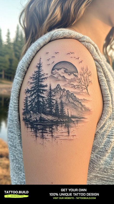 Mountain and Tree Tattoo Ideas - Tattoo Build Forest Leg Tattoo, Memorial Tattoo Designs For Women, Smoky Mountain Tattoo, Forest Tattoo Arm, Colorado Tattoo Ideas For Women, Nature Sleeve Tattoo Women, Outdoors Tattoos For Women, Tattoo Pine Tree, Cedar Tree Tattoo