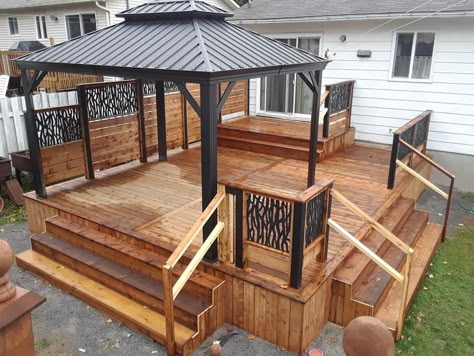 Deck With Attached Gazebo, Gazebo On Deck Attached To House, Deck For Mobile Home, Low Deck Designs, Mobile Home Ideas, Mobile Home Deck, Small Backyard Decks, Backyard Decks, Build Deck