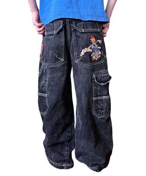 Hip Hop Cartoon, Skater Pants, Graphic Embroidery, Blue Jean Outfits, Embroidery Vintage, Denim Cargo Pants, Denim Cargo, Baggy Clothes, Wide Trousers