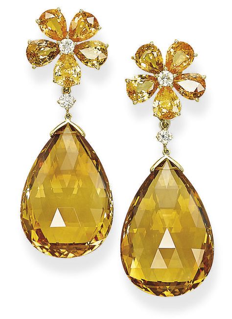 A PAIR OF YELLOW SAPPHIRE, CITRINE AND DIAMOND EAR PENDANTS | earrings, citrine | Christie's Sapphire Diamond Earrings, 20 November, Citrine Jewelry, Brown Jewelry, Diamond Jewelry Designs, Unusual Jewelry, Yellow Earrings, Fabulous Jewelry, Mellow Yellow