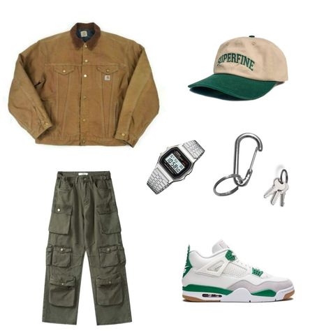 Pine Green Jordan 4 Outfit, Jordan 4 Sb Pine Green Outfit, Green Outfit Men, Jordan 4 Sb Pine Green, Pine Green Outfit, Jordan 4 Outfit Men, Olive Pants Outfit, Carhartt Denim Jacket, Jordan 4 Outfit