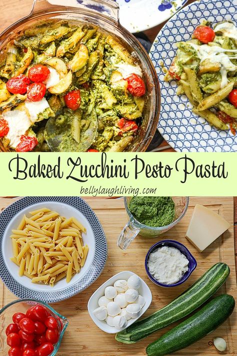 Cheesy casserole that brings together the flavors of garlic, zucchini, and cherry tomatoes with pasta coated in a tangy pesto ricotta sauce Zucchini Pesto Recipes, Easy Summer Casseroles, Healthy Summer Dinner Ideas, Pasta With Zucchini And Tomatoes, Pesto Ricotta, Zucchini Pesto Pasta, Garlic Zucchini, Shrimp Pesto Pasta, Ricotta Sauce